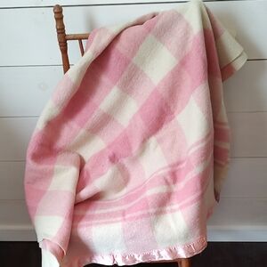 Vintage Pink and Cream Checkered Wool Blanket.